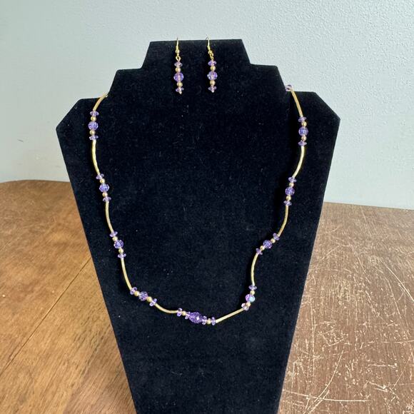 Handmade Jewelry - Artisan Handmade Purple & Gold Bead 23 inch necklace & earring‎ set
